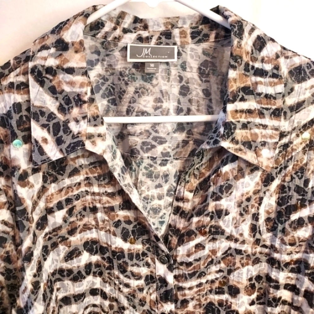 JM COLLECTION Semi Sheer 3/4 Sleeve Sequin Button Top sz 16 - Picture 5 of 12